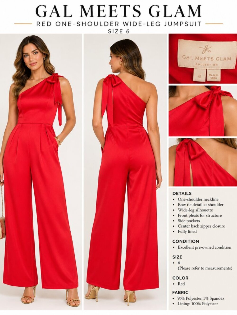 GAL MEETS GLAM RED ONE-SHOULDER WIDE-LEG JUMPSUIT SIZE 6